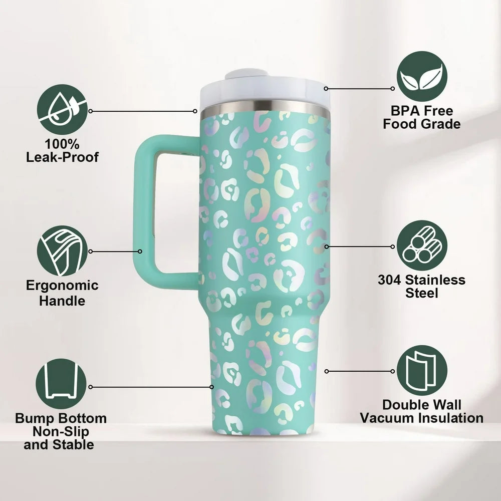  Reusable Vacuum Quencher Tumbler,40 Oz with Straw, Travel Cup with Lid, Insulated Stainless Steel Cup with Handle, Coffee Mug, Maintains Heat Cold, Heat and Ice for Hours, Leopard Green