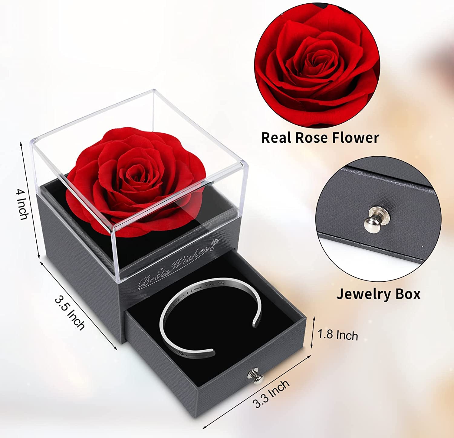 Real Rose Gifts with  Cuff Bangle for Valentine's Day and Anniversary