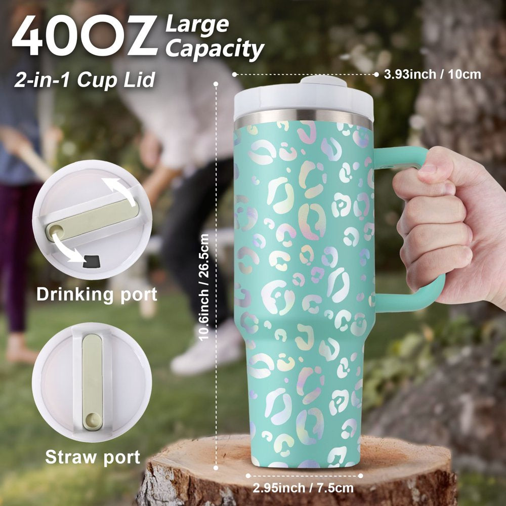  Reusable Vacuum Quencher Tumbler,40 Oz with Straw, Travel Cup with Lid, Insulated Stainless Steel Cup with Handle, Coffee Mug, Maintains Heat Cold, Heat and Ice for Hours, Leopard Green